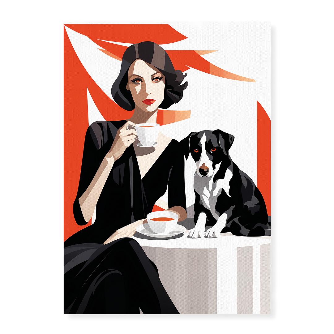 Lady drinking coffee with her dog - Art Print