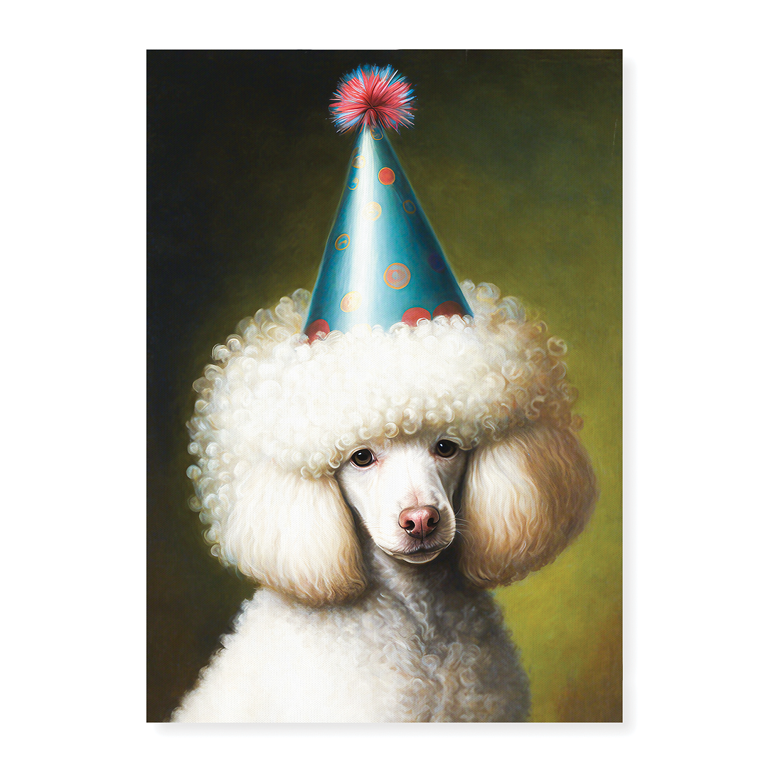 Renaissance painting of a White poodle with a party hat on - Art Print