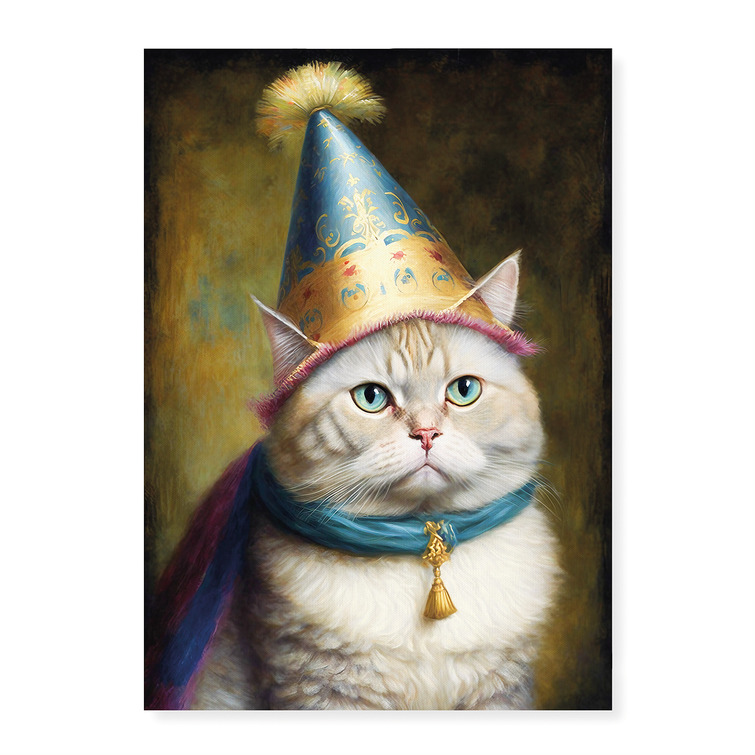 Renaissance painting of a Persian cat with a party hat - Art Print
