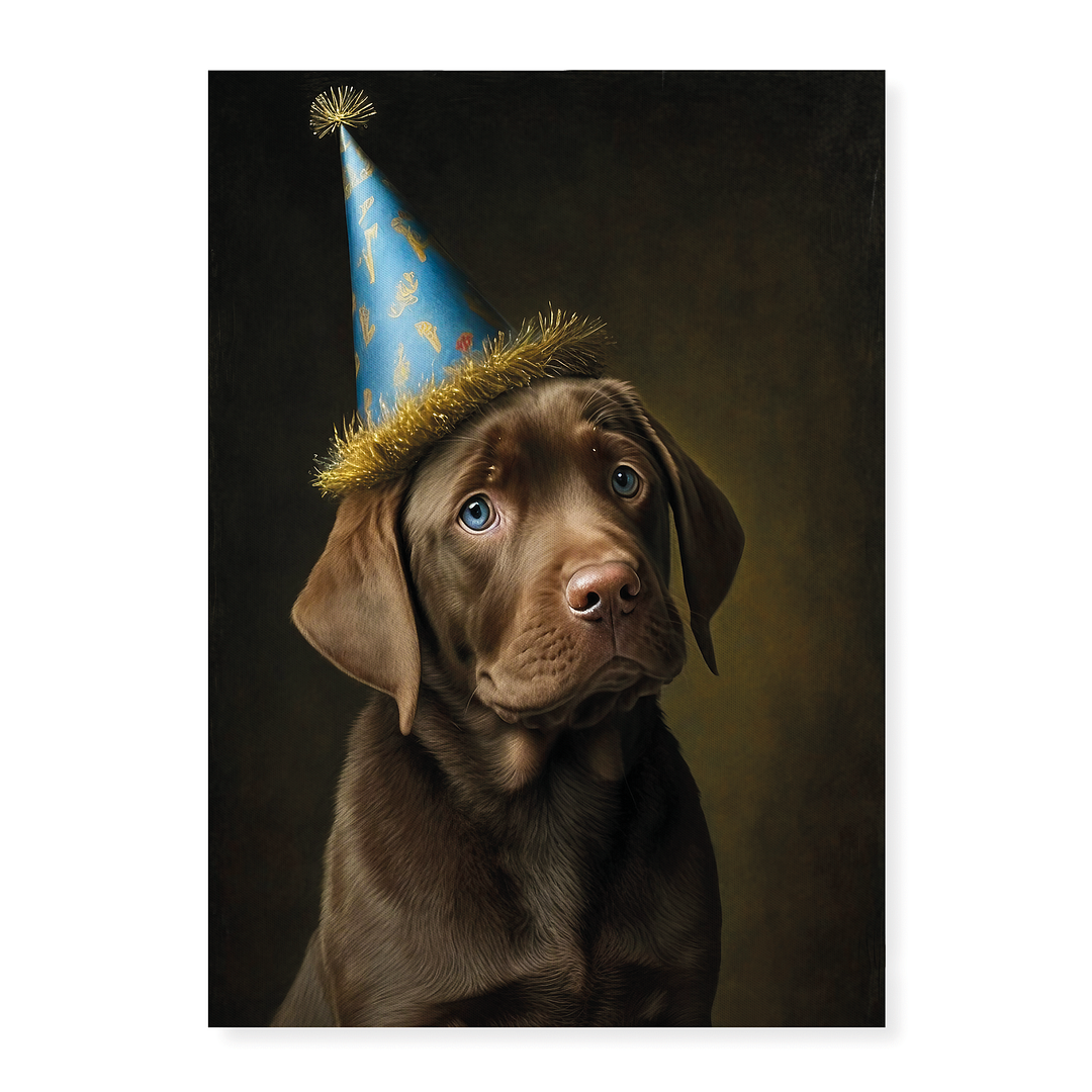 Renaissance painting of a brown Labrador puppy with a party hat - Art Print