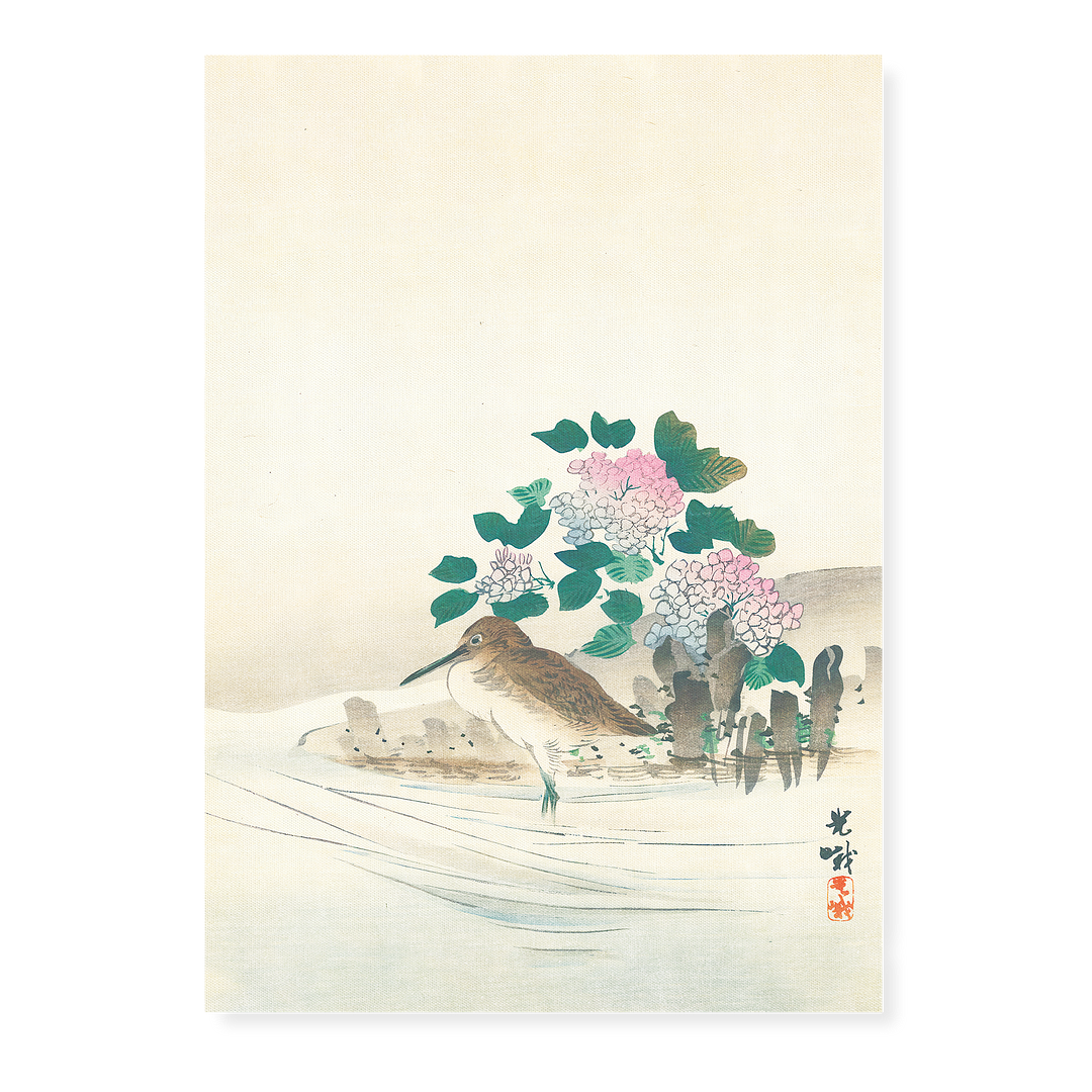 Water Bird and Hydrangea By Koga Iijima - Art Print