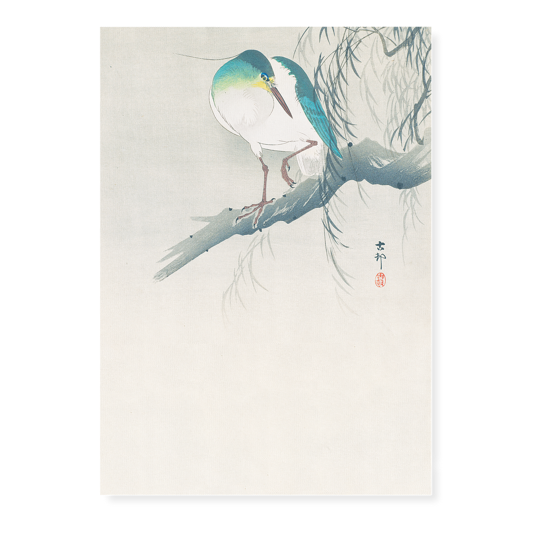 Night-heron with raised leg perched on a willow branch By Ohara Koson - Art Print