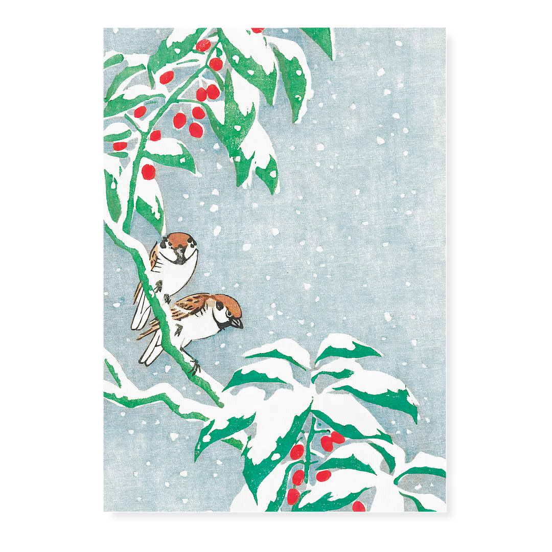 Sparrows on snowy berry bush By Ohara Koson - Art Print