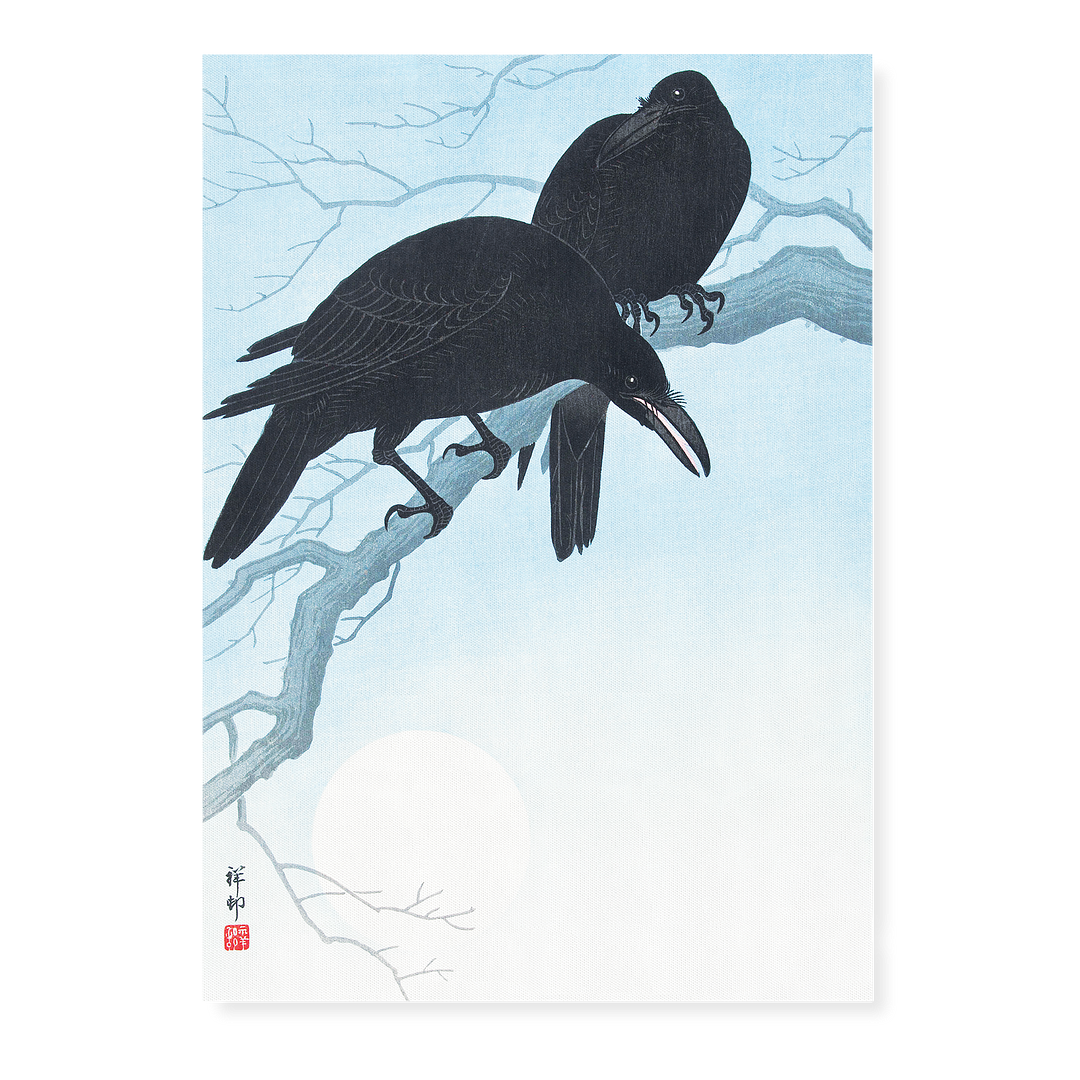 Two crows on a branch by Ohara Koson - Art Print