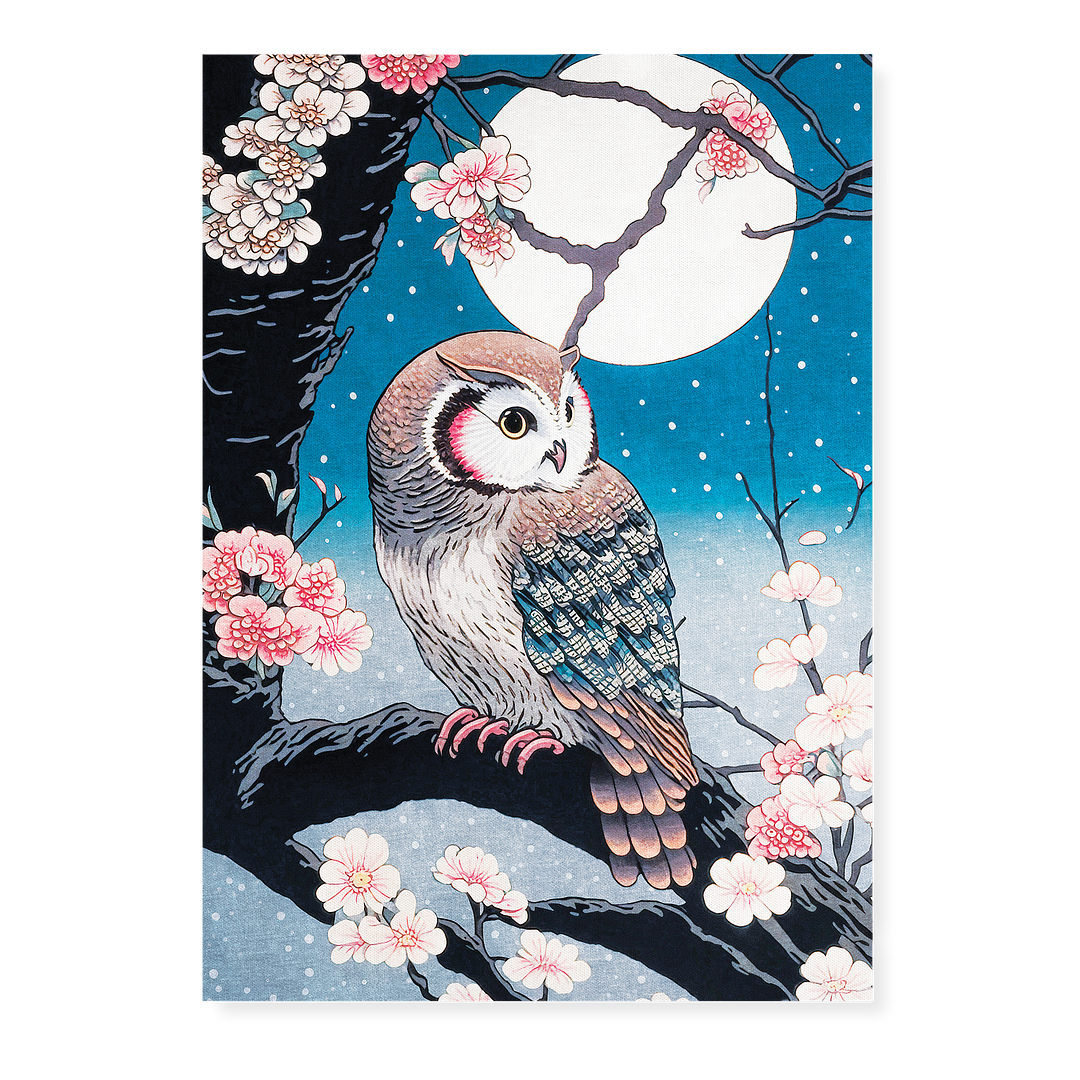 Owl on blossom with a full moon - Art Print