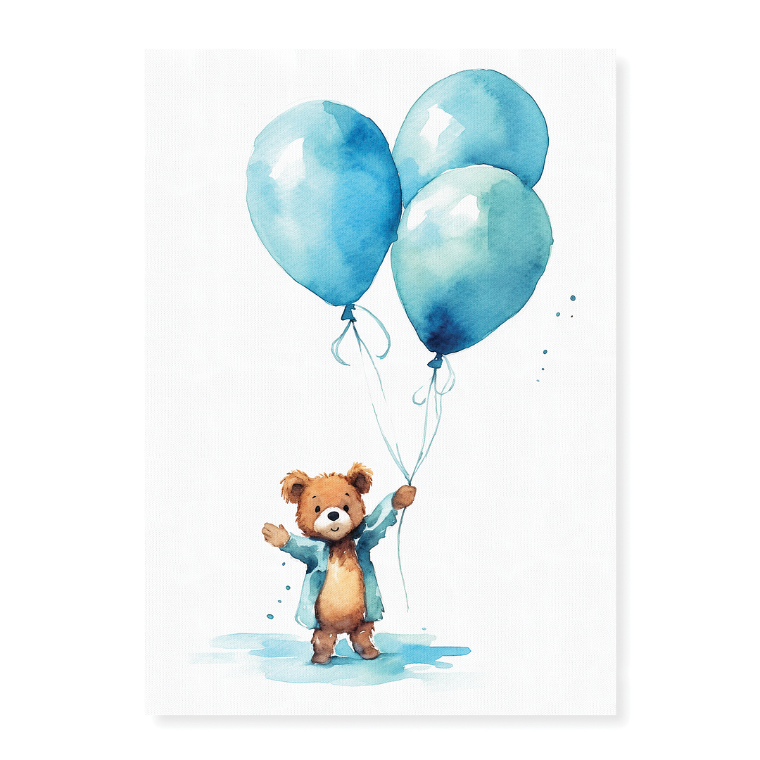 Bear holding blue balloons - Art Print