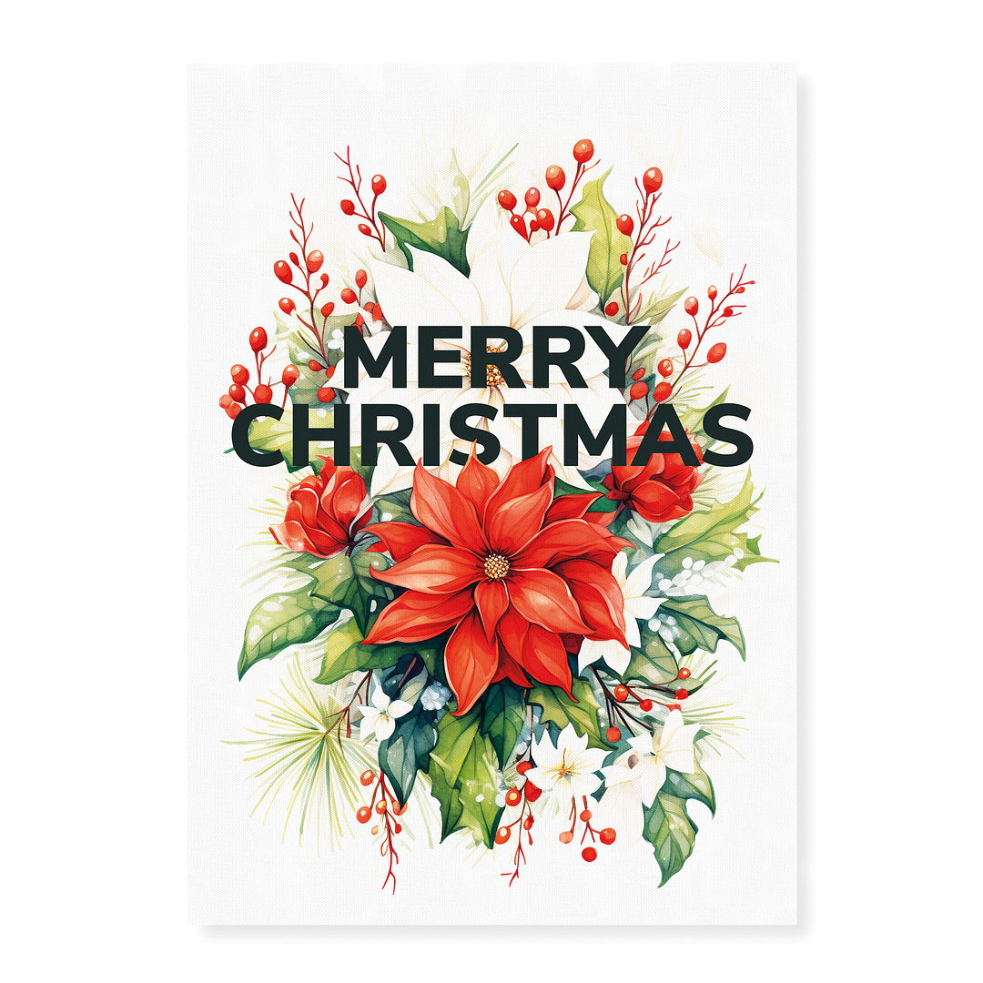 Merry Christmas Holly and Poinsettia - Art Print