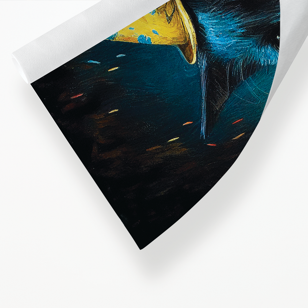 Black cat with party hat on in Van Gogh style - Art Print