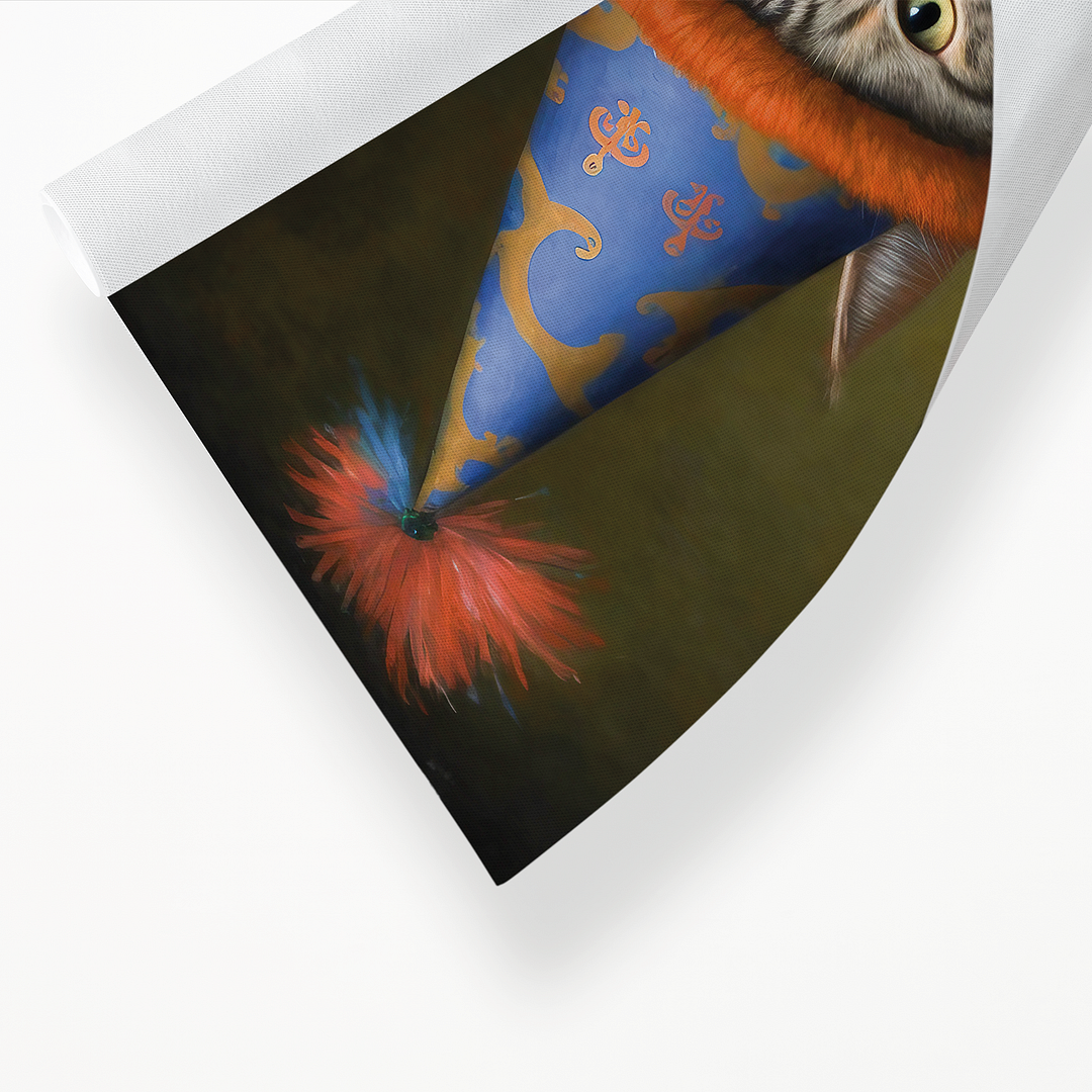 Renaissance painting of a Maine Coon with a party hat on - Art Print