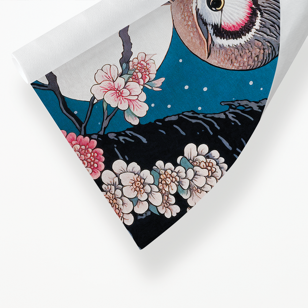 Owl on blossom with a full moon - Art Print
