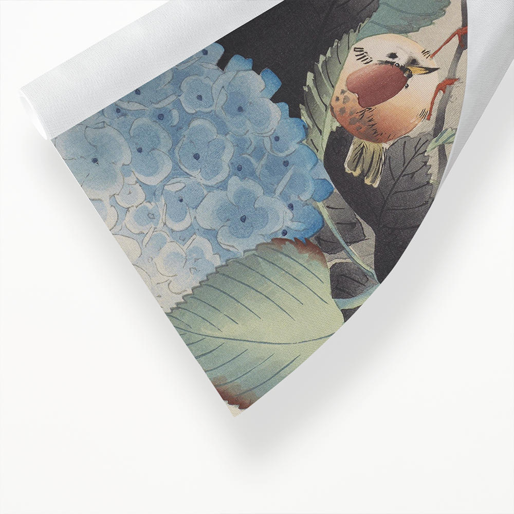 Sparrow and blue-white hortensia by Ohara Koson - Art Print