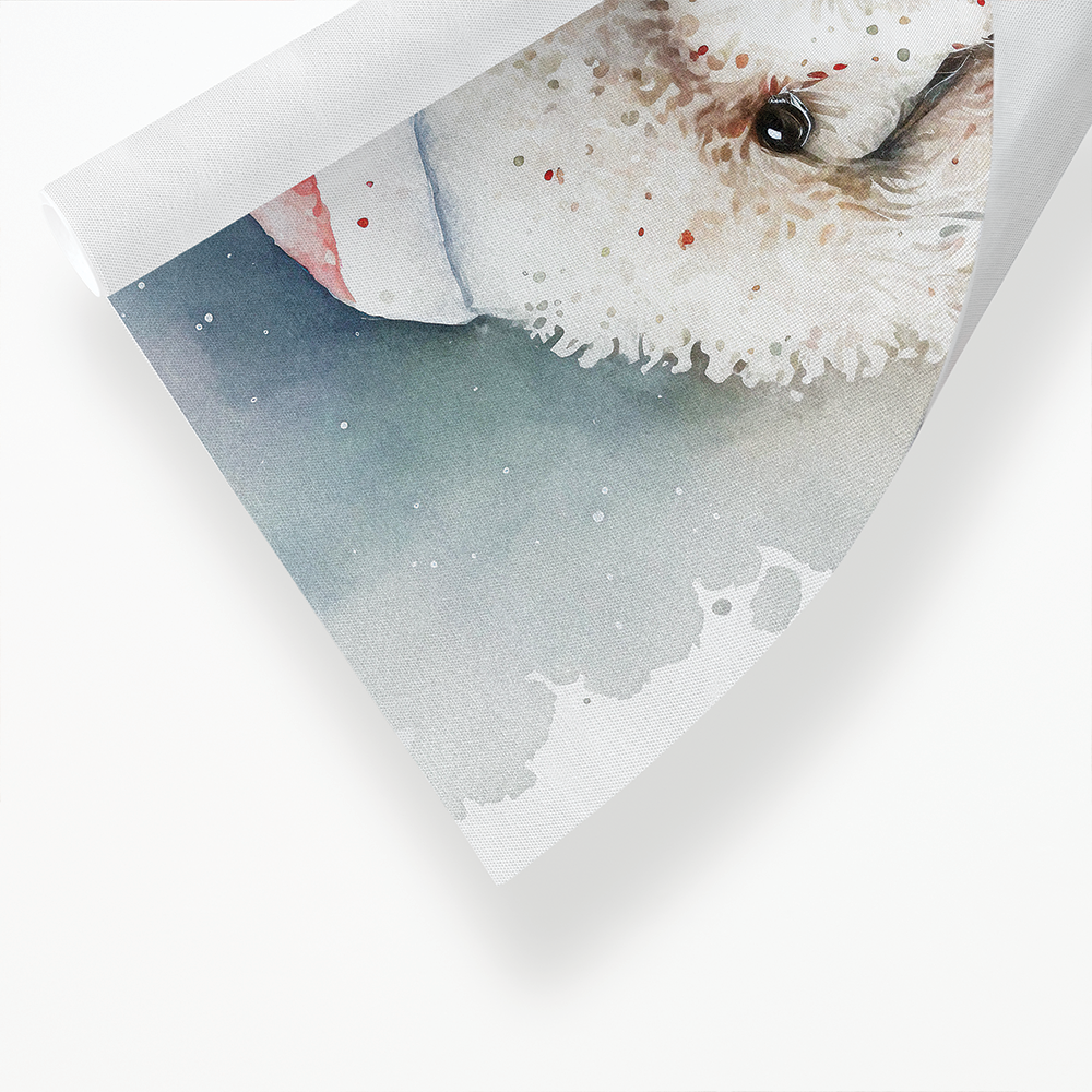 White poodle wearing a christmas hat - Art Print