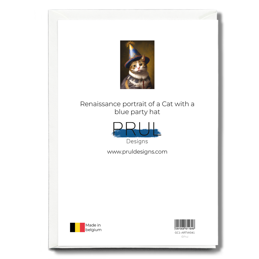 Renaissance portrait of a Cat with a blue party hat - Greeting Card