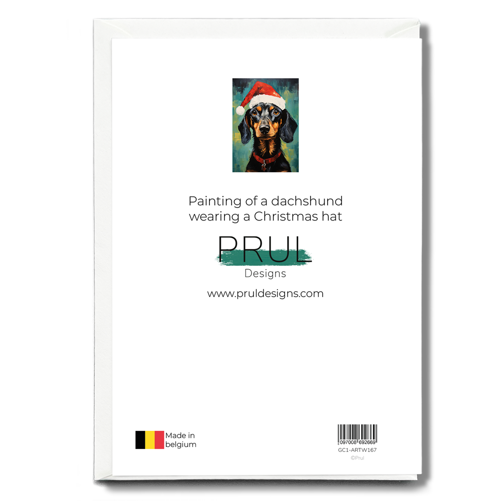 Painting of a dachshund wearing a Christmas hat - Greeting Card