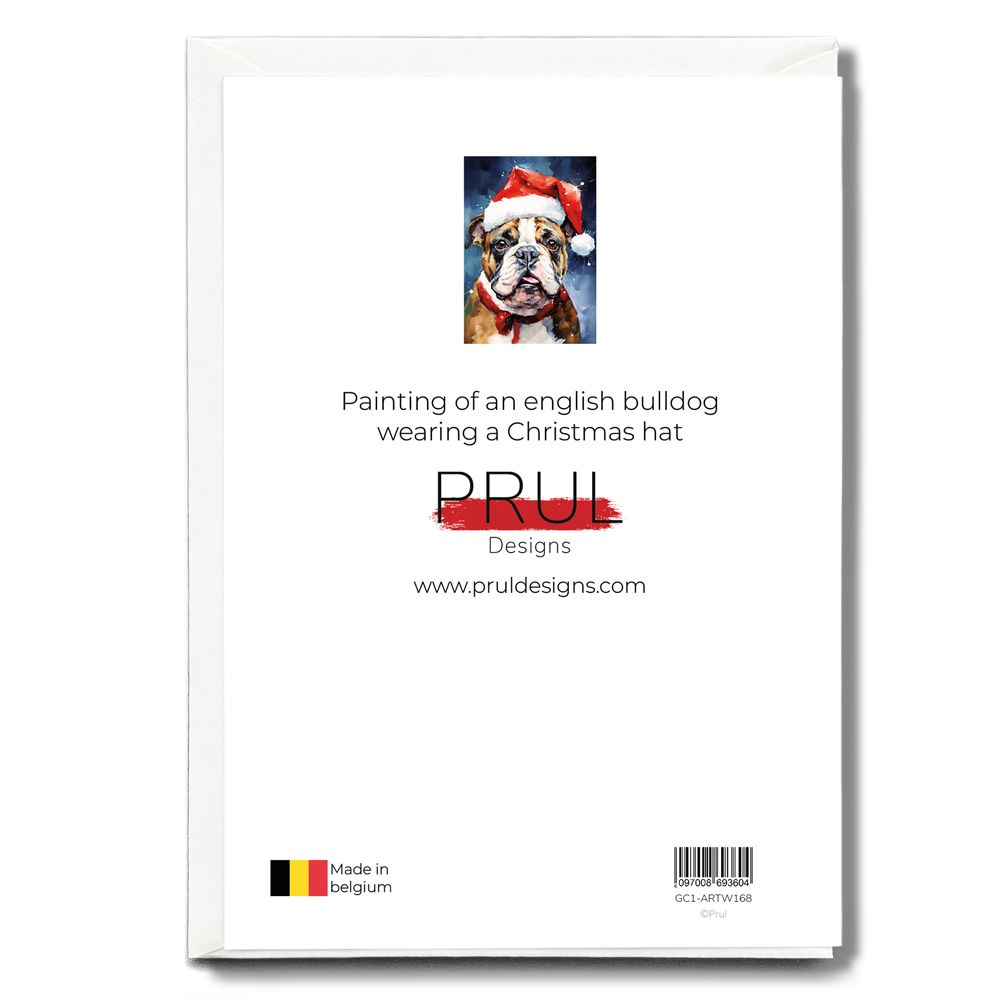 Painting of an english bulldog wearing a Christmas hat - Greeting Card