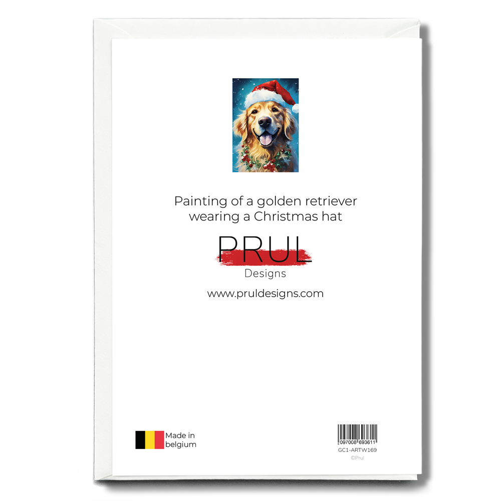 Painting of a golden retriever wearing a Christmas hat - Greeting Card