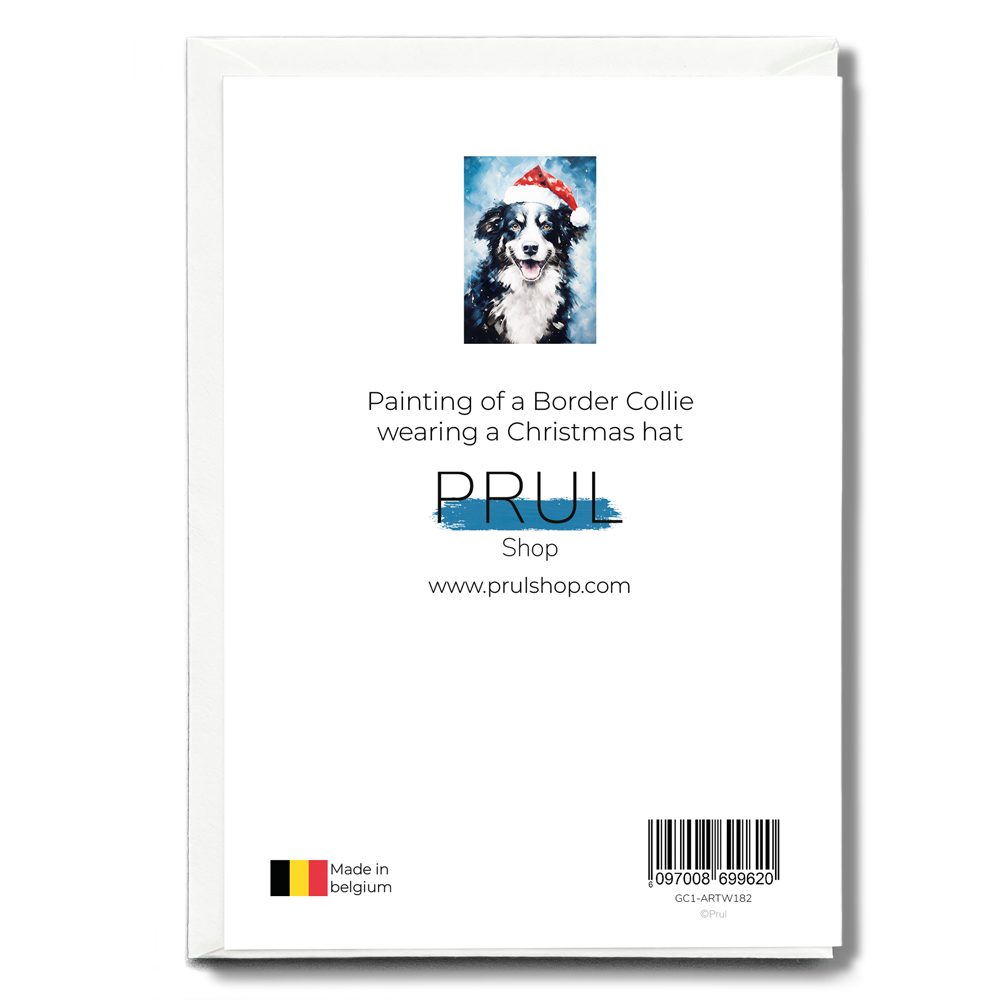 Painting of a Border Collie wearing a Christmas hat - Greeting Card