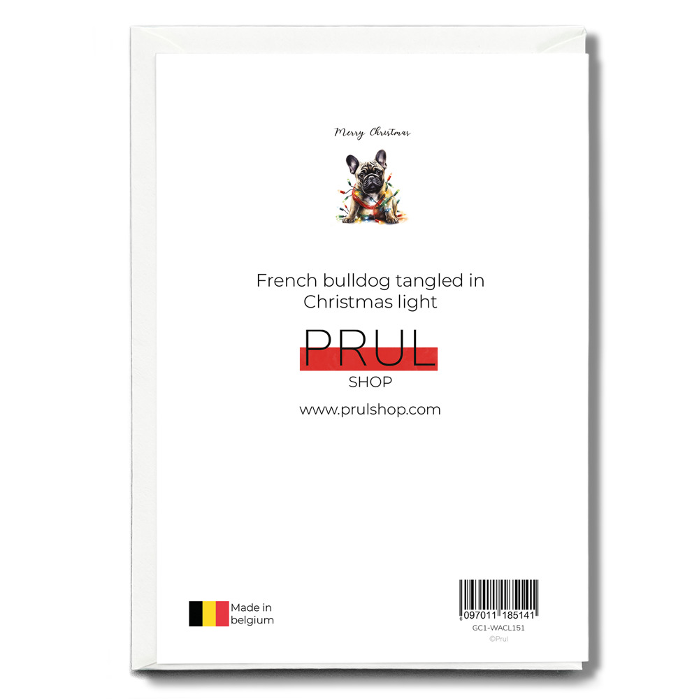 French bulldog tangled in Christmas light - Greeting Card