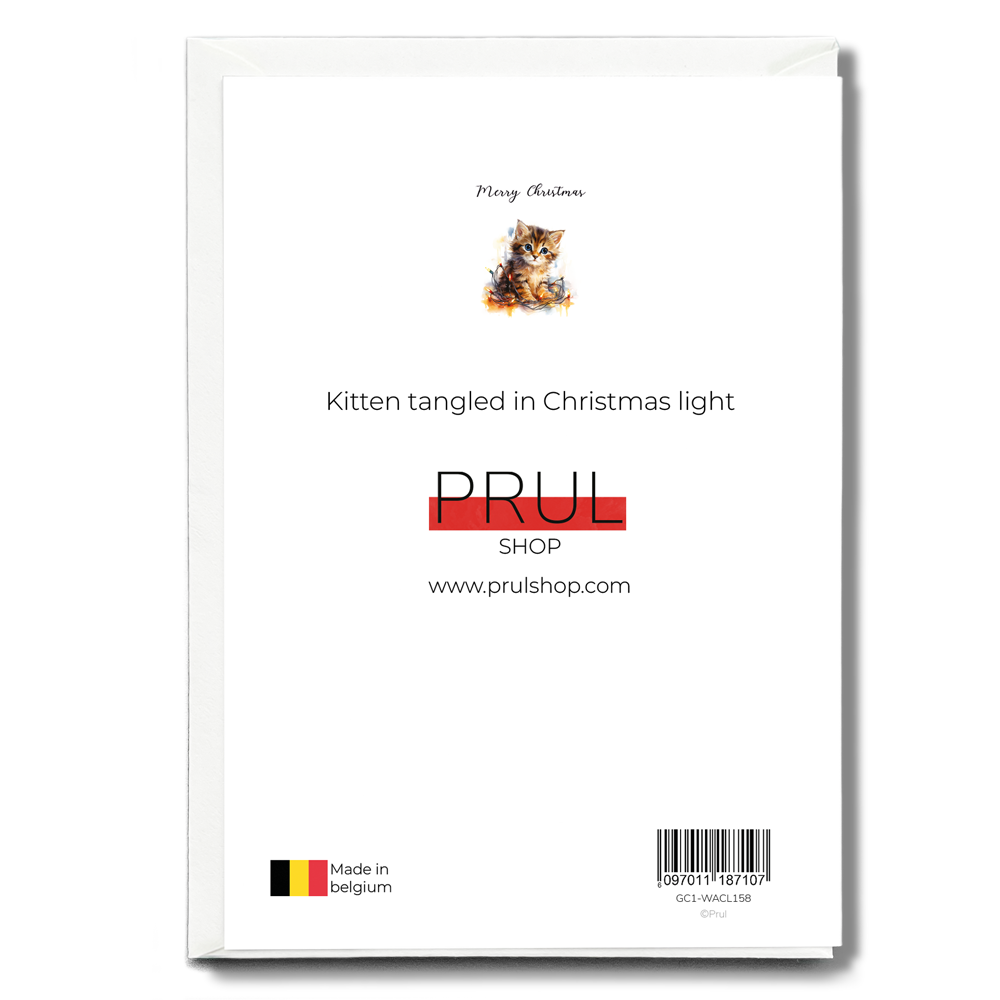 Kitten tangled in Christmas light - Greeting Card