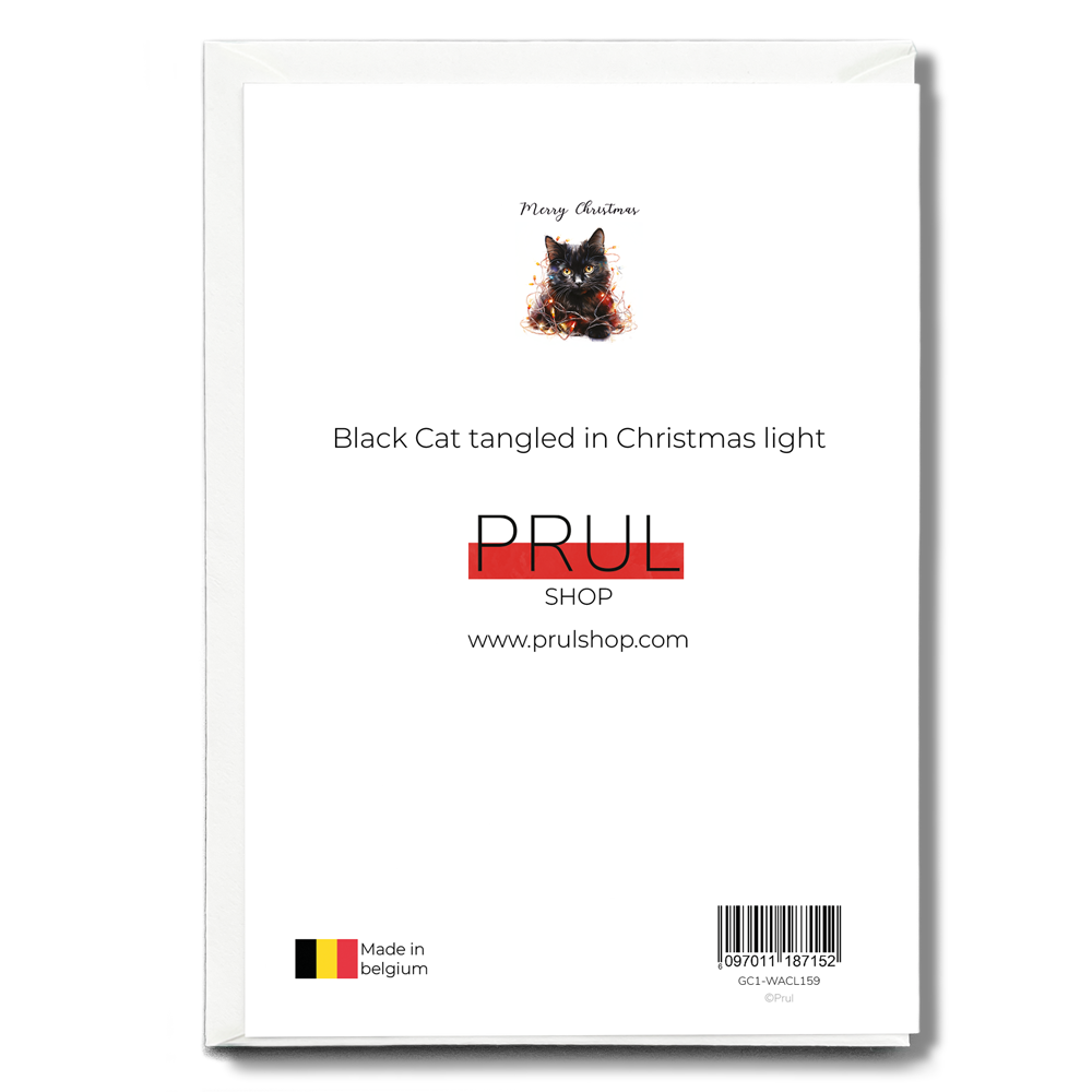 Black Cat tangled in Christmas light - Greeting Card