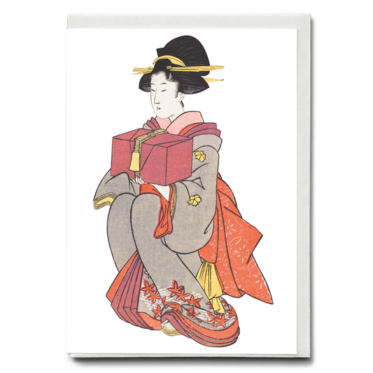 Japanese woman holding box By Kitagawa - Greeting Card