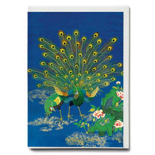Peacock showing off to peahen - Greeting Card