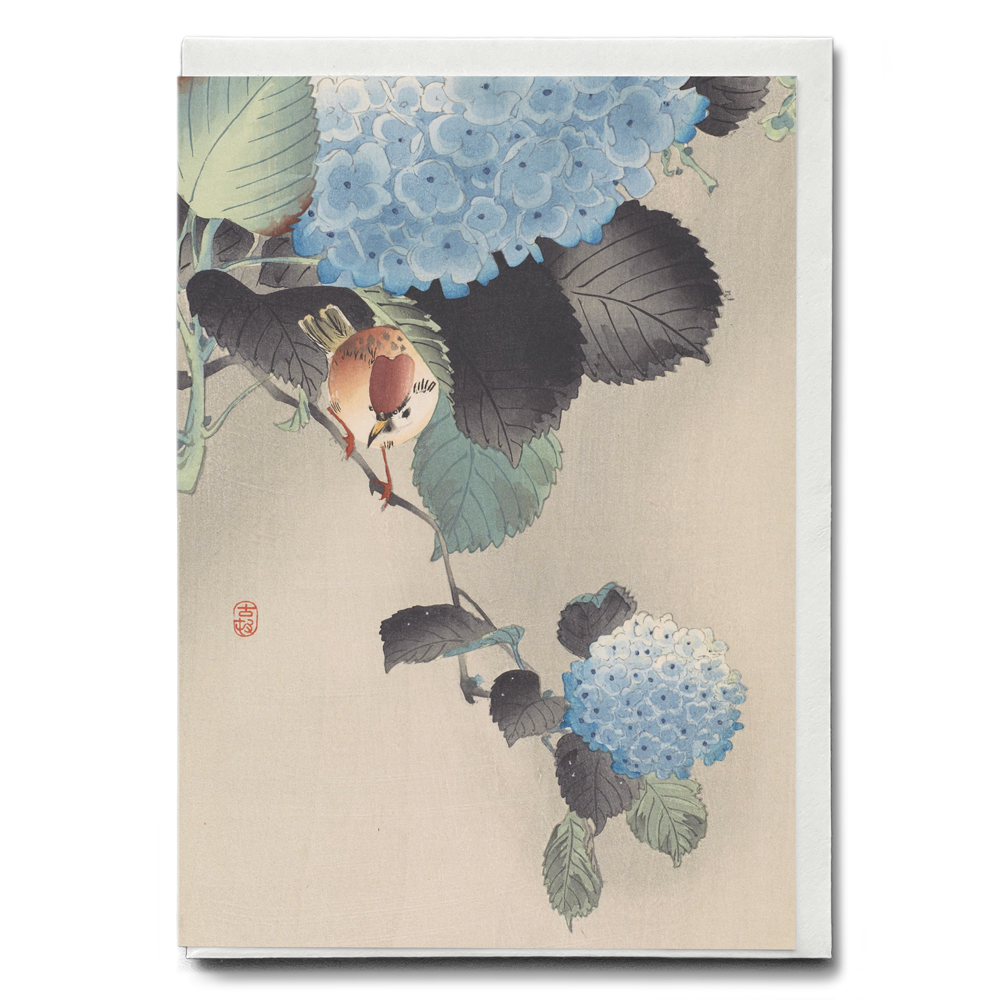 Sparrow and blue-white hortensia by Ohara Koson - Greeting Card