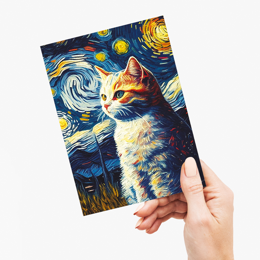 Cat in the Starry night in Van Gogh style - Greeting Card