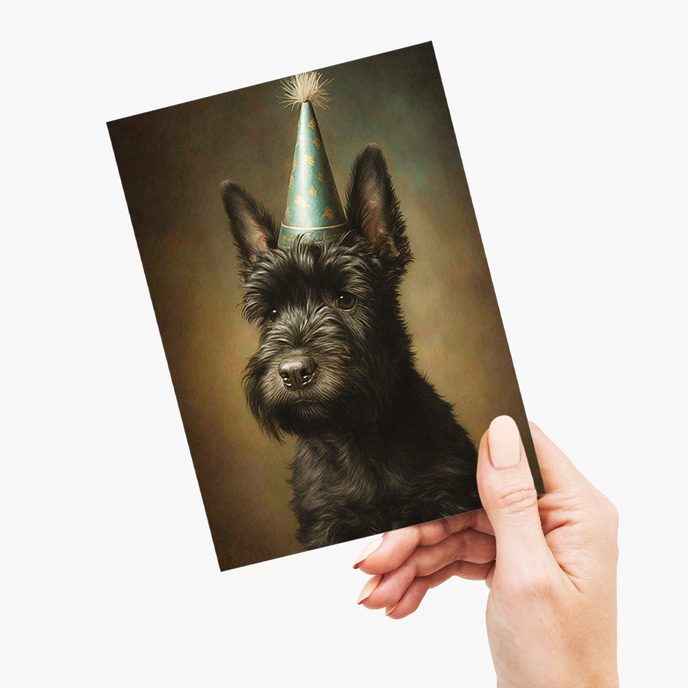 Renaissance portrait of a birthday Scottish Terrier - Greeting Card
