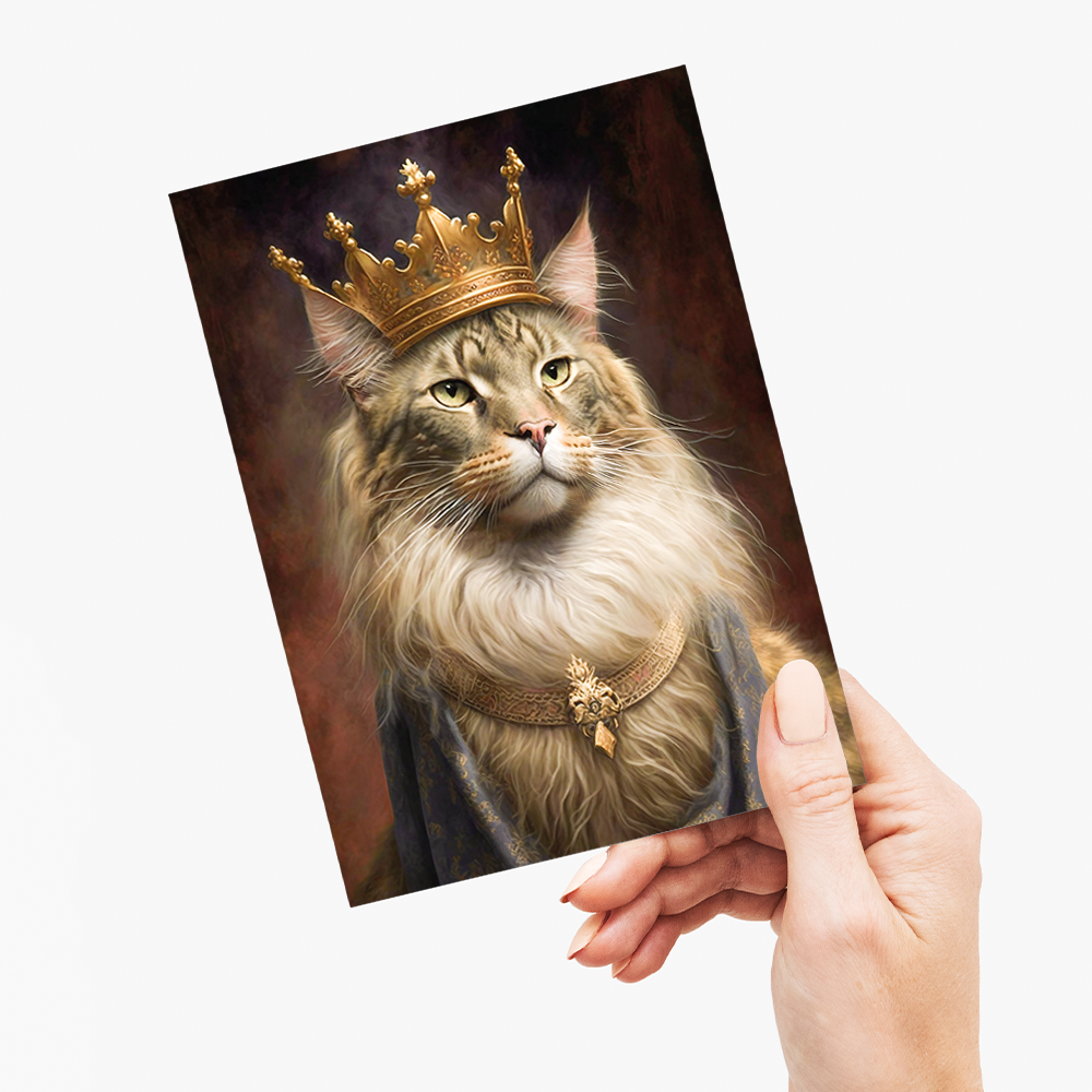 Renaissance painting of a Maine Coon with a king's crown - Greeting Card