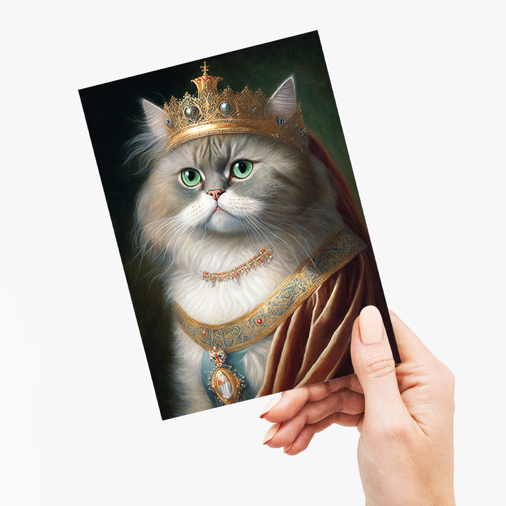 Renaissance painting of a Persian cat as a queen - Greeting Card