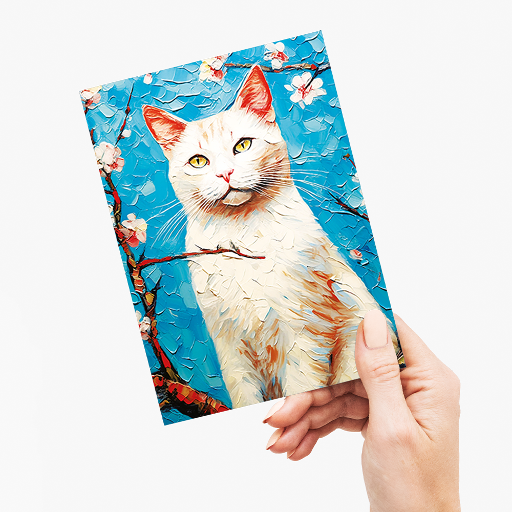 Almond blossom with white cat - Greeting Card