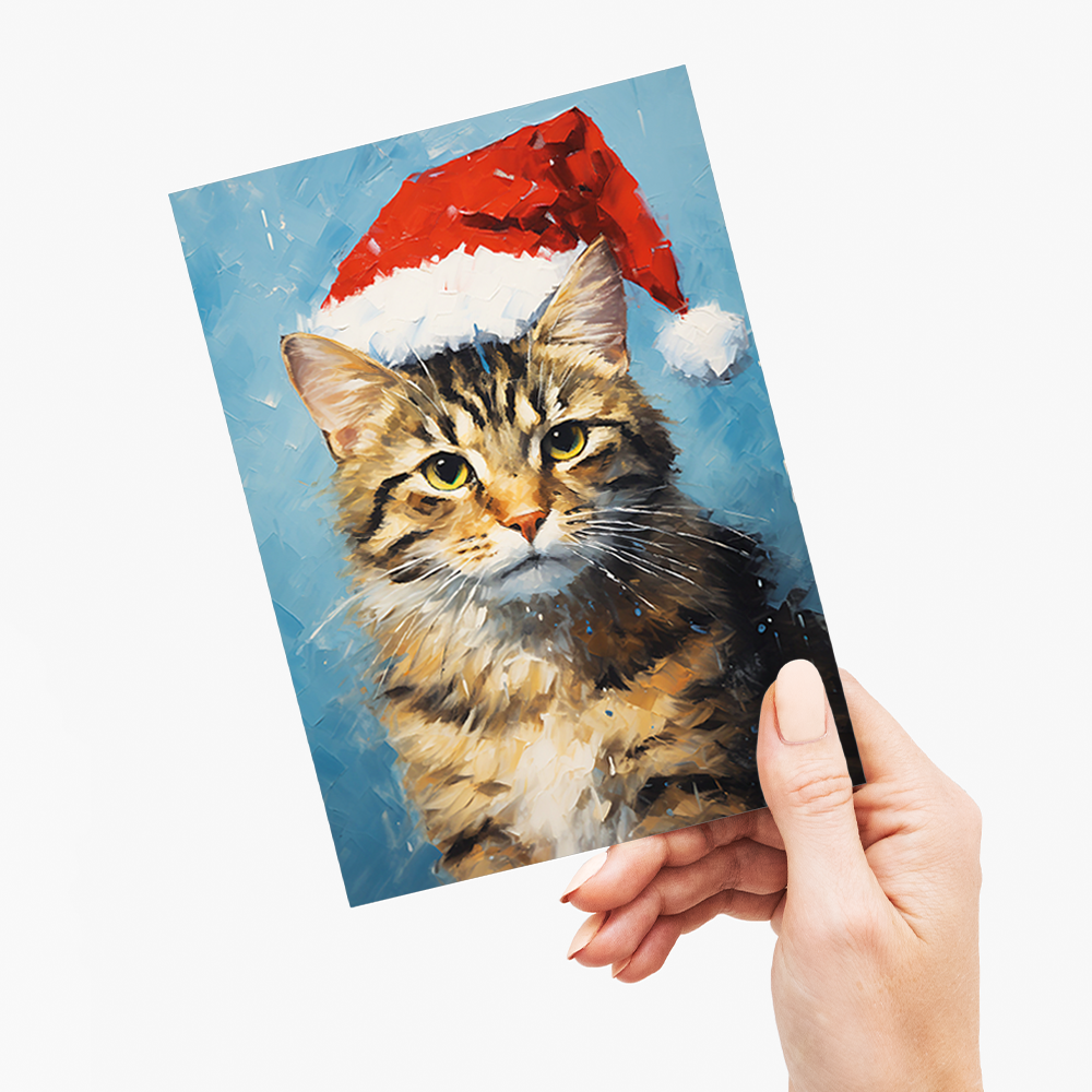 Painting of a cat wearing a Christmas hat - Greeting Card