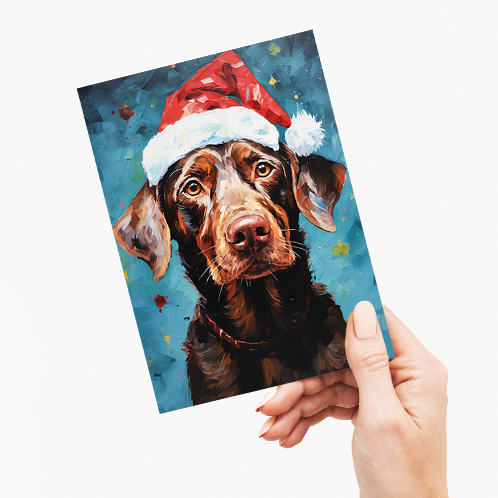 Painting of a brown labrador wearing a Christmas hat - Greeting Card