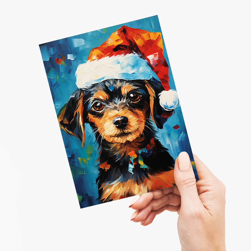 Painting of a cute puppy wearing a Christmas hat - Greeting Card