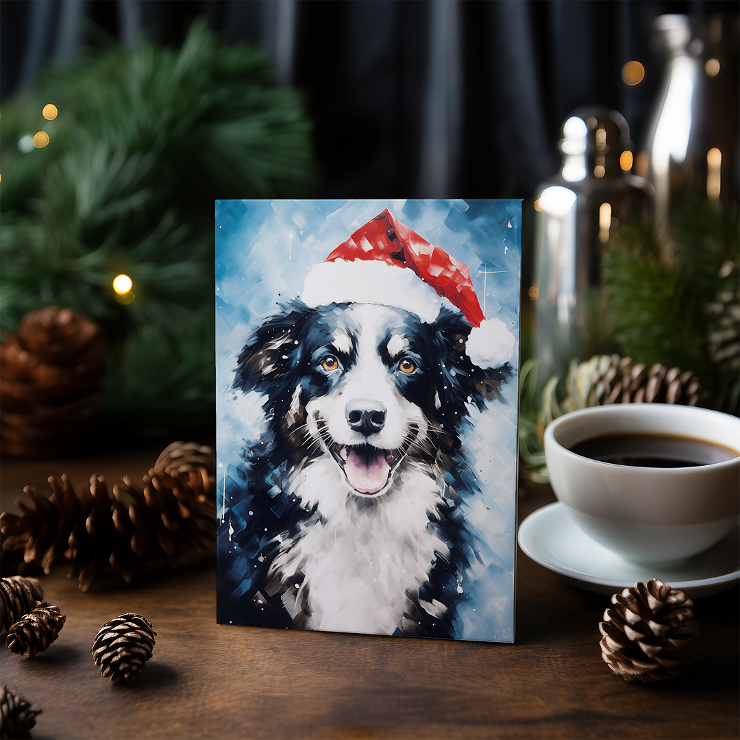 Painting of a Border Collie wearing a Christmas hat - Greeting Card