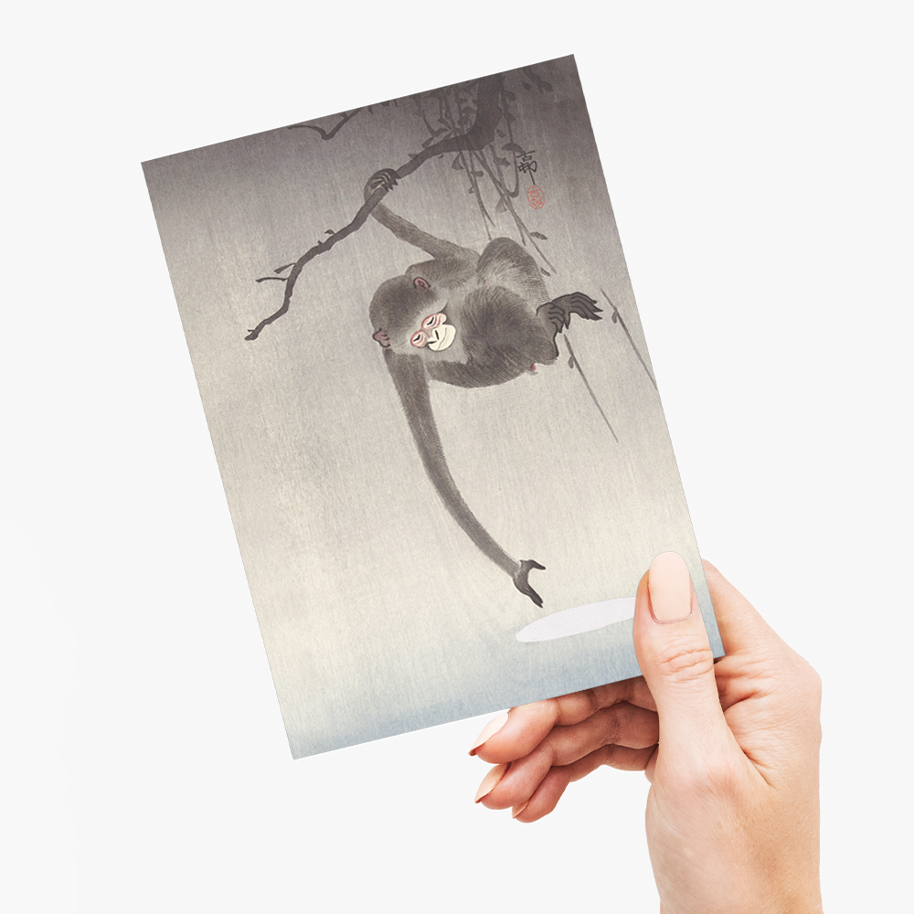 Monkey Reaching For The Moon By Ohara Koson - Greeting Card