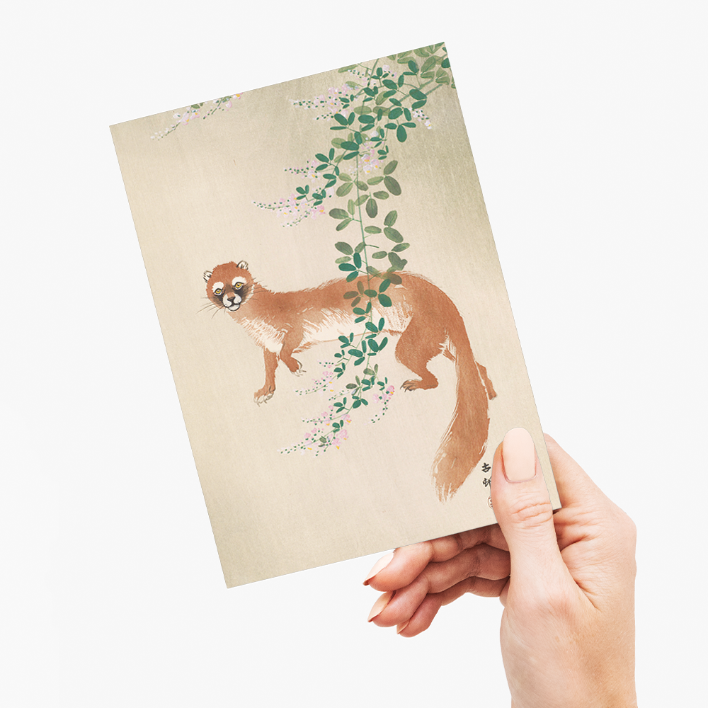 Weasel and the flowers By Ohara Koson - Greeting Card