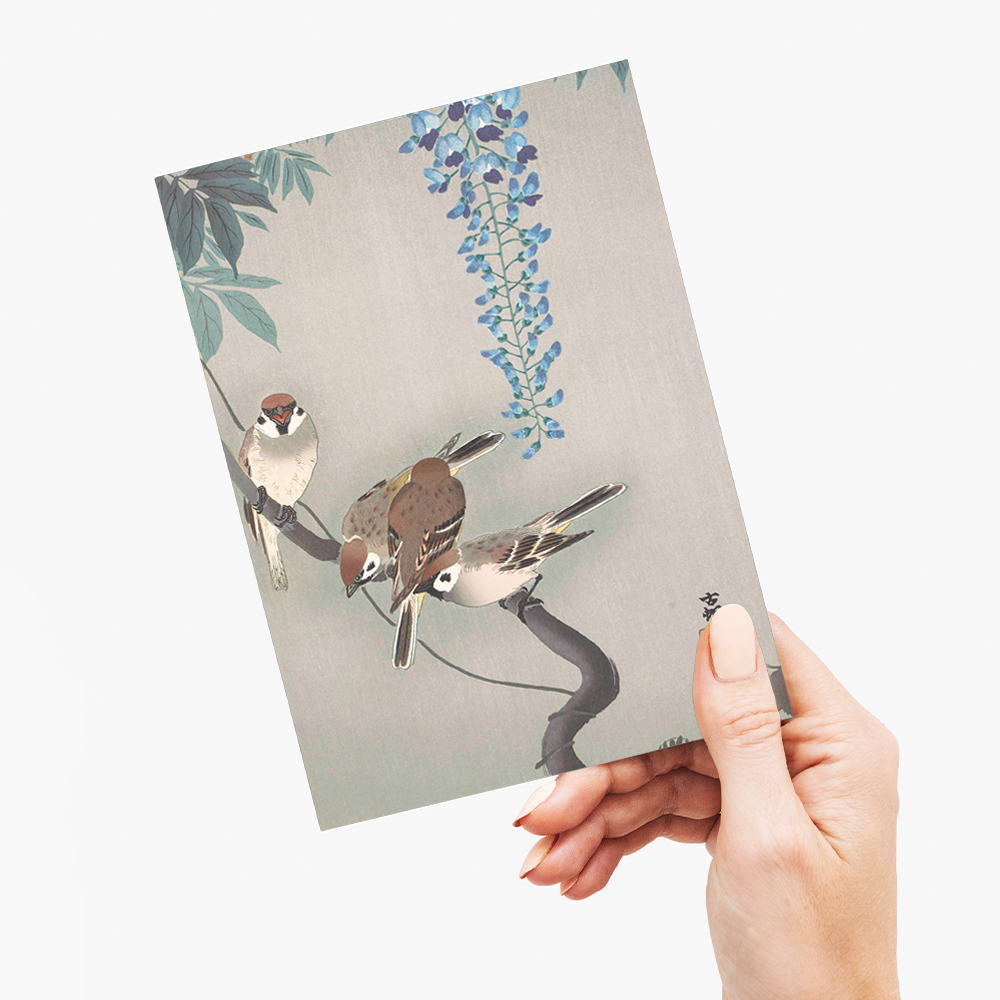 Ring sparrows at wisteria By Ohara Koson - Greeting Card