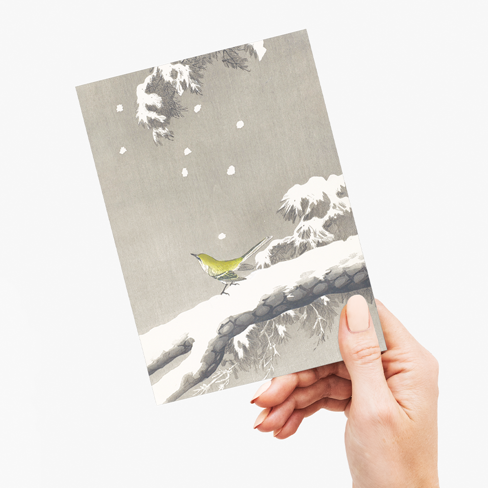 Wagtail on a snowy bough By Ohara Koson - Greeting Card