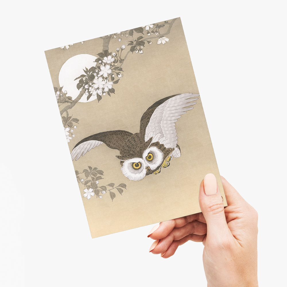 Scops Owl Flying Under Cherry blossoms By Ohara Koson - Greeting Card