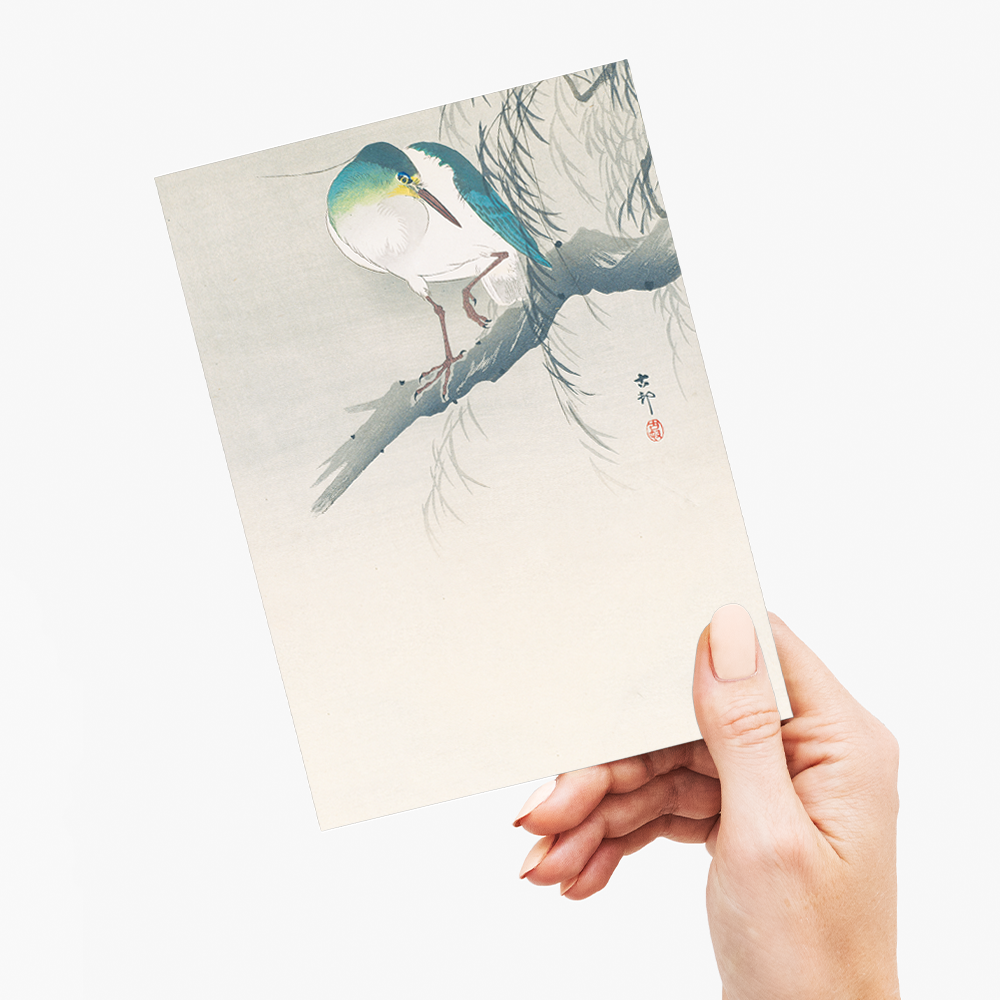 Night-heron with raised leg perched on a willow branch By Ohara Koson - Greeting Card