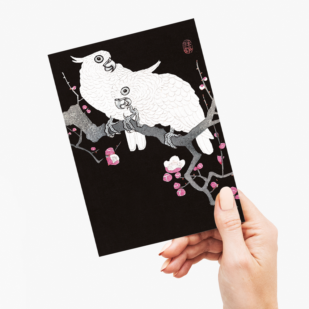 Two Cockatoos on a Branch with Plum Blossom By Ohara Koson - Greeting Card