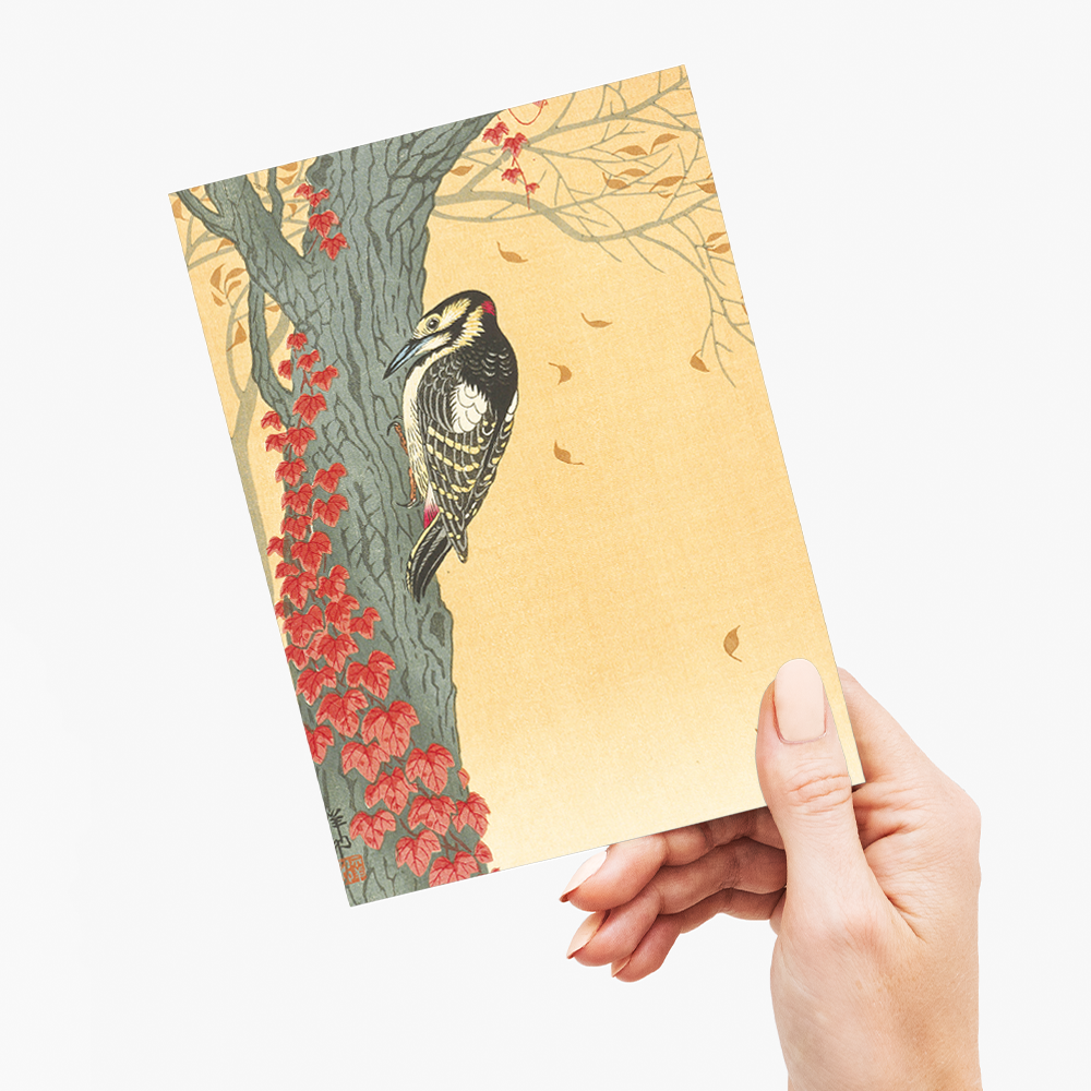 Great Spotted Woodpecker in Tree with Red Ivy By Ohara Koson - Greeting Card