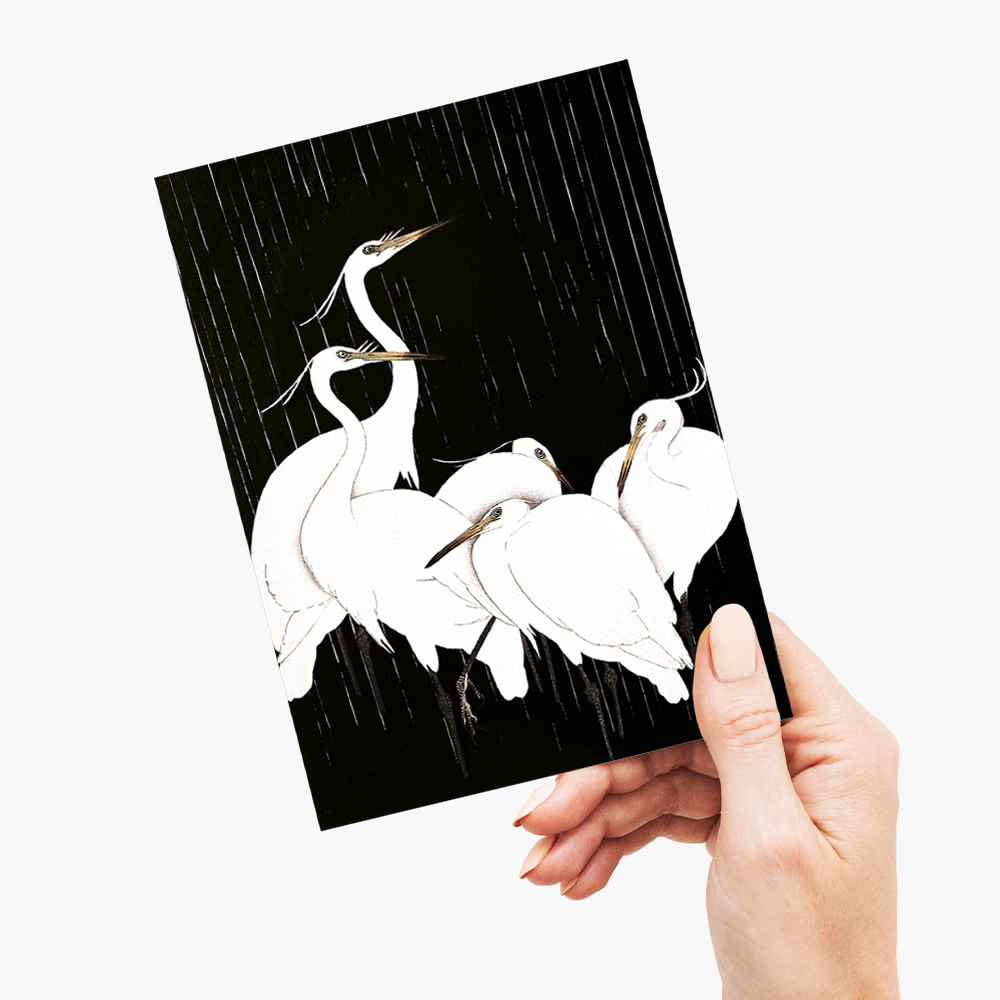 Egrets in the rain black version By Ohara Koson - Greeting Card