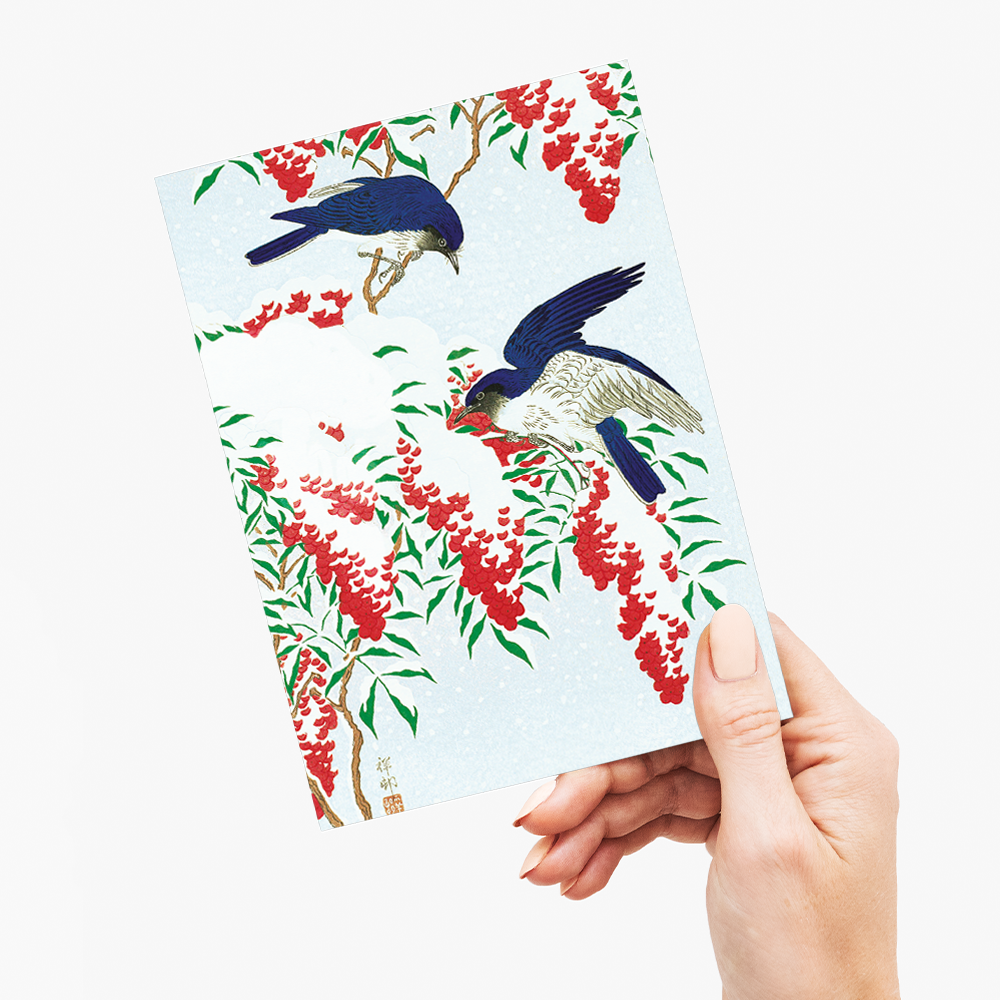 Flycatchers on a nandina bush By Ohara Koson - Greeting Card