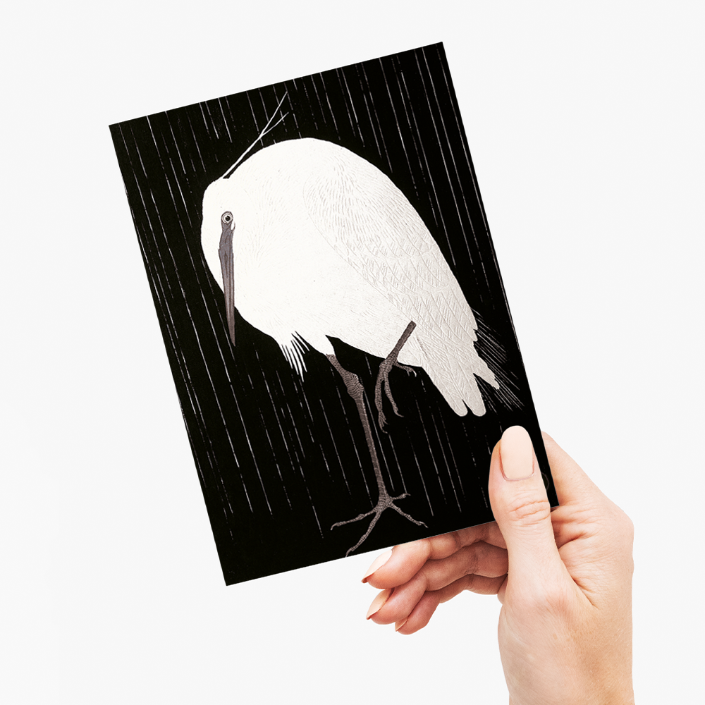 Egret in the rain By Ohara Koson - Greeting Card