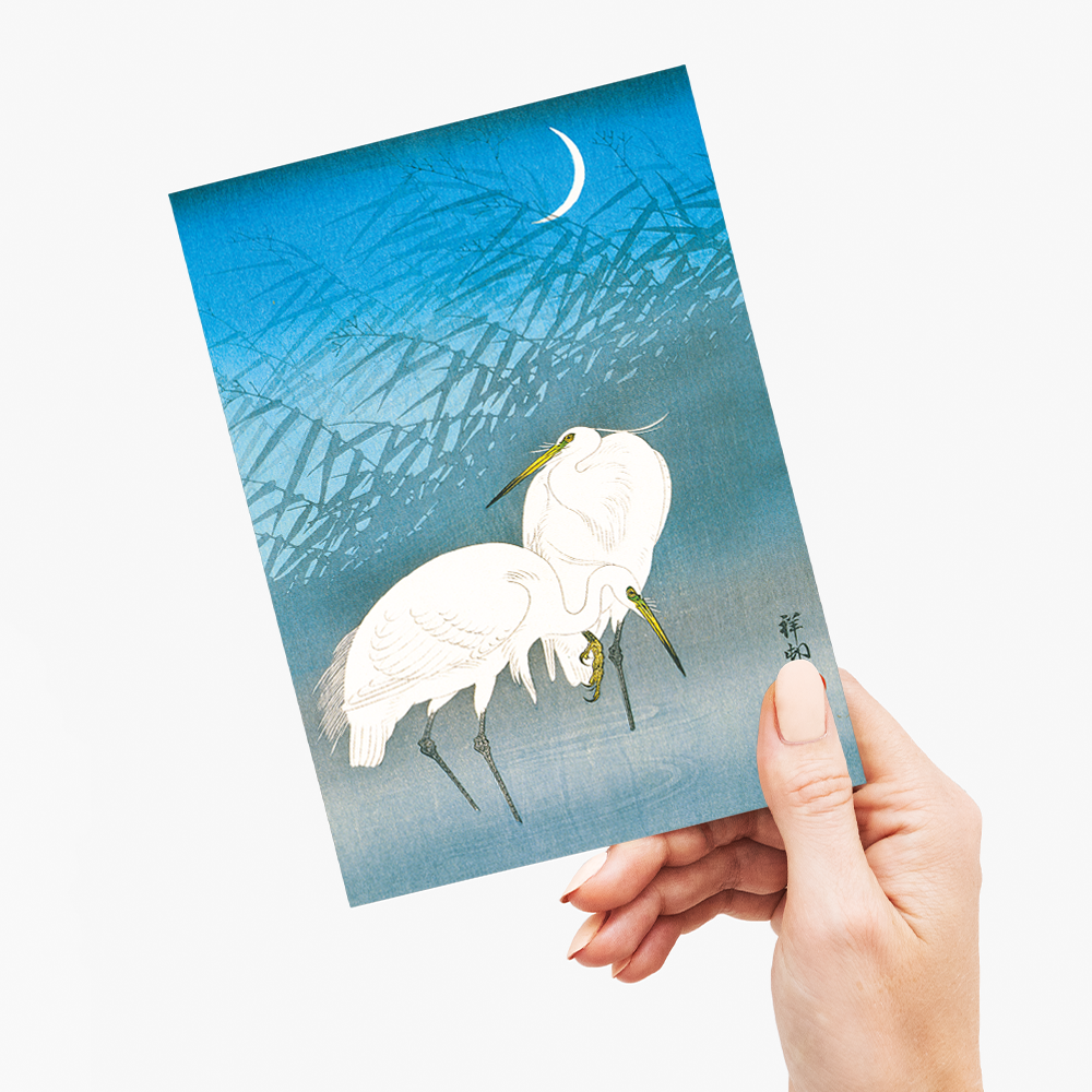 Egrets and Reeds in Moonlight By Ohara Koson - Greeting Card