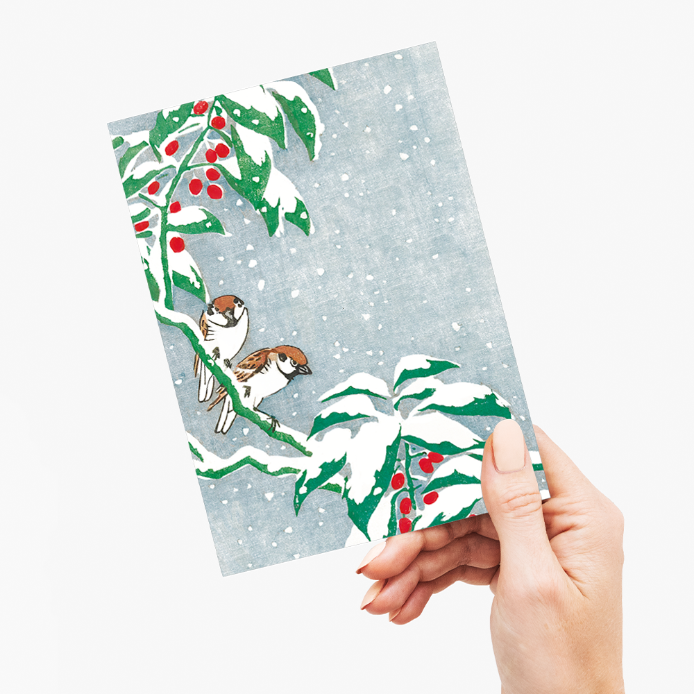 Sparrows on snowy berry bush By Ohara Koson - Greeting Card