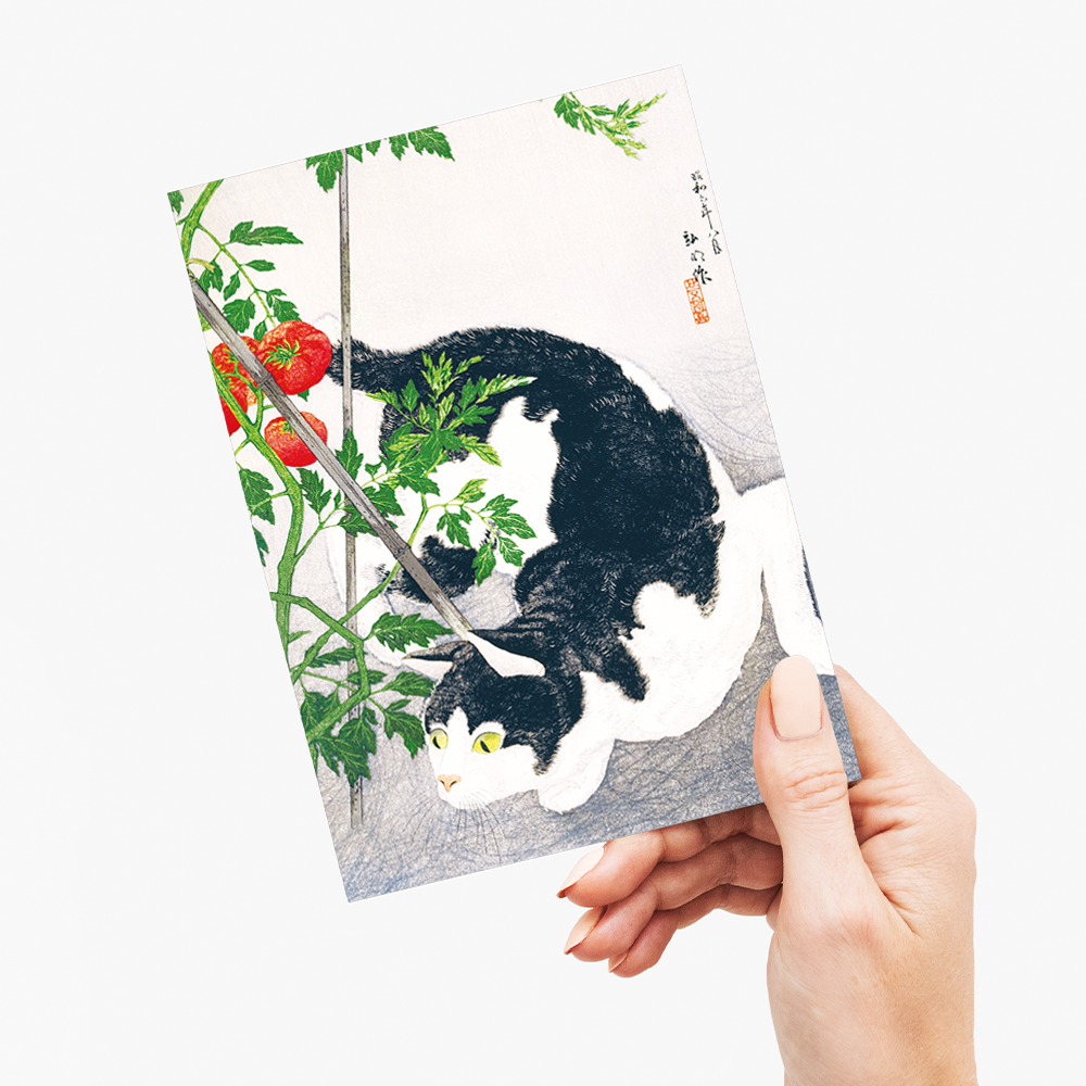 Cat with Tomato Plant By Hiroaki Takahashi - Greeting Card